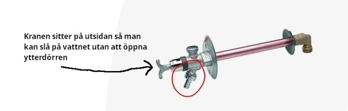 Utkastare med borttagbar anslutning för slangklämmor, kranen sitter på utsidan för att slå på vattnet utan att öppna ytterdörren.