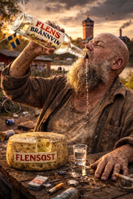 Man dricker sprit från en flaska märkt "Flens Brännvin" bredvid en ost märkt "Flensost" på ett bord, med solnedgång i bakgrunden.