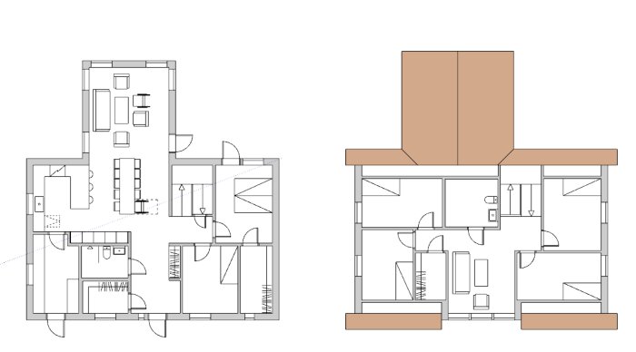 Planskiss över två våningar med förändringar för större tvättstuga, U-trappa med vilplan och flera klädkammare, inspirerat av Eksjöhus Björkhem.
