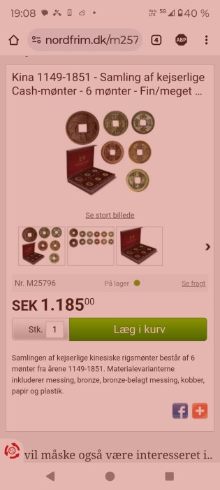 Uppsättning av sex kinesiska kejsarmynt från 1149-1851 i ett rött etui, från firman Nordfrim.