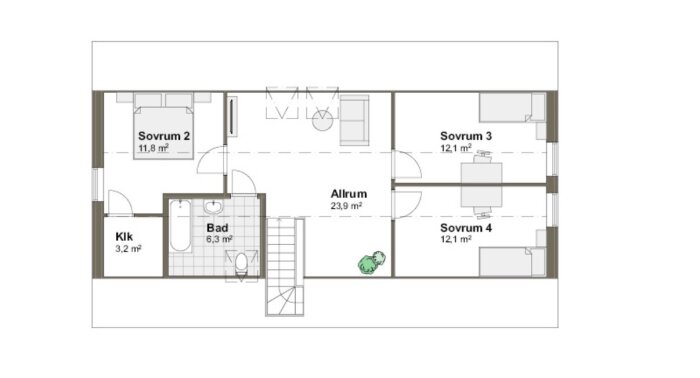 Planskiss av övervåning i ett hus från Varbergshus, visar allrum, sovrum och badrum med exakta kvadratmetermått.