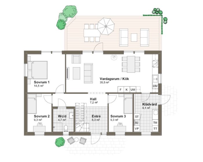 Planskiss av ett hus från Varbergshus, Änglyckan, med kök och vardagsrum tillsammans, tre sovrum och altan, möjlig utbyggnad för större ytor.