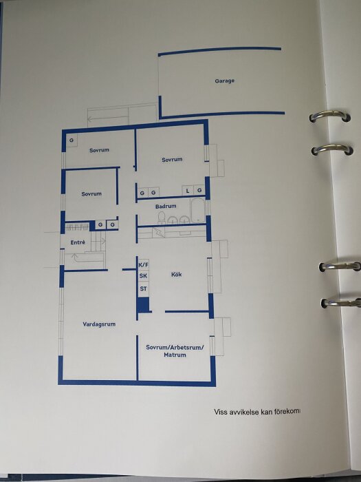 Planskiss av ett hus med markerade rum: sovrum, vardagsrum, kök, badrum och garage. Planerad för renoveringar och utbyggnader.