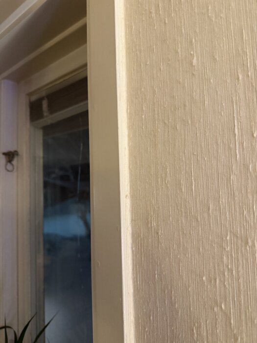 Dörrfoder med närbild på beige, vertikalt ribbad yta, intill glasruta.