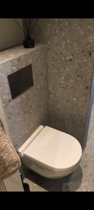 Inbyggd toalettcistern med låda i sten, vit sits och avställningsyta med prydnad.