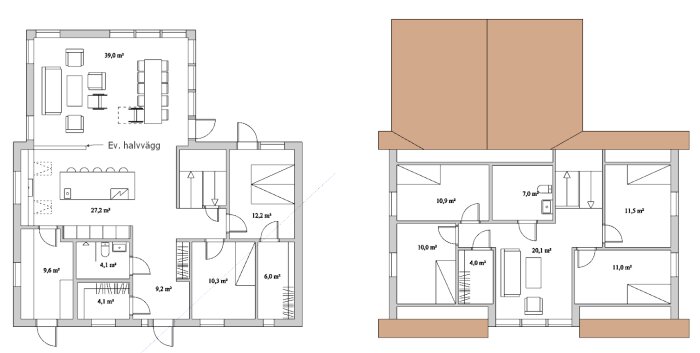 Planlösning av ett hus på 210 m² med kök, matplats och vardagsrum, samt möjliga halvväggar som delvis skärmar av rummen.