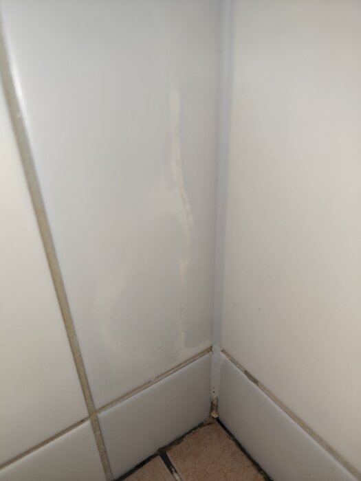 Sprickor och missfärgning i kakelplattor i duschens hörn, med potentiell mögeltillväxt vid silikonfogen.