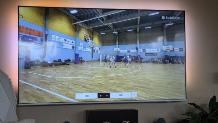 Basketmatch visas på TV i ett vardagsrum, fotograferat från sidan av en person som följer matchen på skärmen.