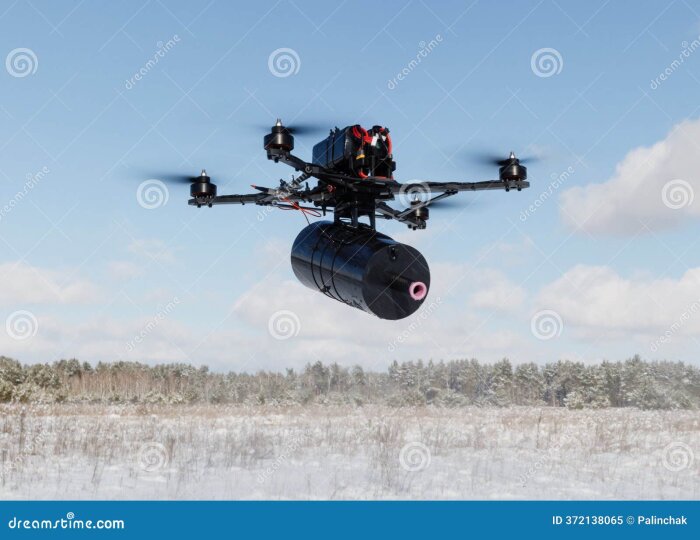 En drönare flyger över ett snötäckt fält med en stor svart cylinder monterad undertill.