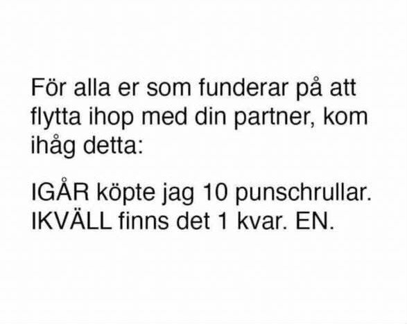 Text om att bo ihop med partner: "Igår köpte jag 10 punschrullar. Ikväll finns det 1 kvar. EN.