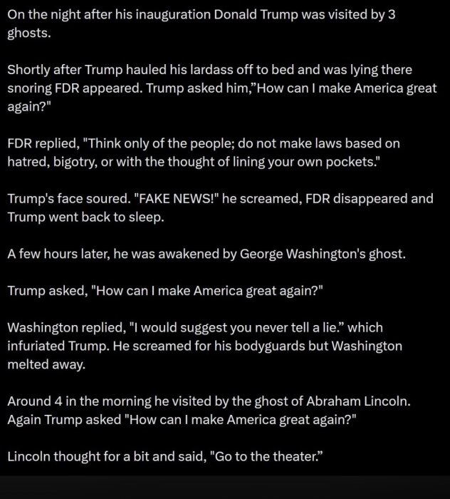 Textbild med humoristisk berättelse om Donald Trump som besöks av spöken från amerikanska presidenter.