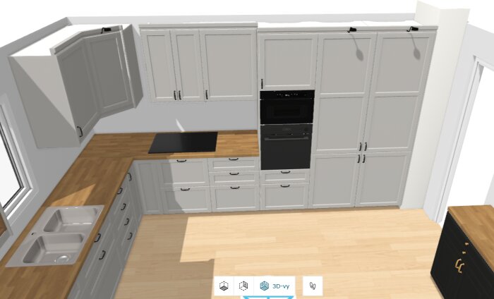 3D-rendering av ett kök med gråa skåp och lådor, en inbyggd ugn, spishäll och diskho, samt träbänkskiva i ett L-format arrangemang.