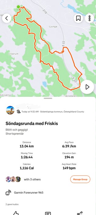 Karta som visar en löprunda på 13,04 km i Söderköpings kommun med statistik som tid, kalorier och höjdskillnad.