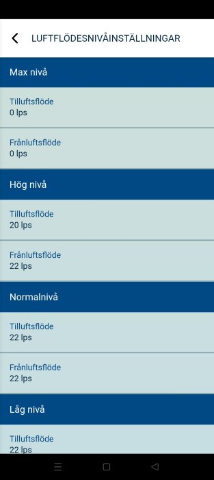 Skärmdump av luftflödesnivåinställningar för ett ventilationssystem med nivåerna Max, Hög, Normal och Låg visade i lps (liter per sekund).