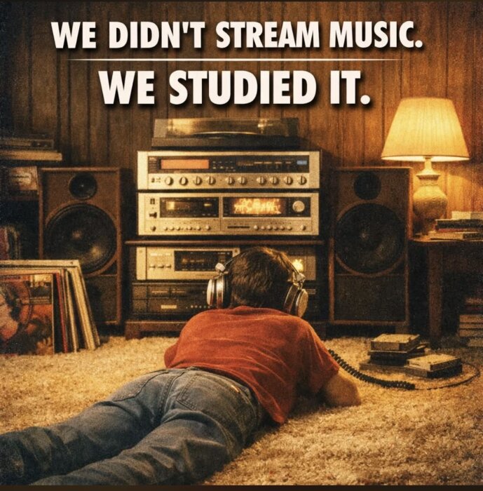 Barn ligger på golvet och lyssnar på musik i hörlurar från en stereoanläggning, omgiven av högtalare och vinylskivor; texten "We didn't stream music. We studied it.