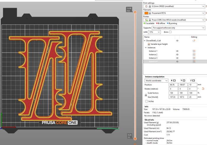 3D-utskriftsskiss av fyra lågprofilsfästen för filamenthylla, lämpliga för 27 mm rundstavar, visas i skivprogram på Prusa CORE ONE.