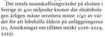 Text om det totala nuanskaffningsvärdet på elnäten i Sverige, 400 miljarder kronor, och nödvändiga investeringar för att bibehålla anläggningarnas ålder.