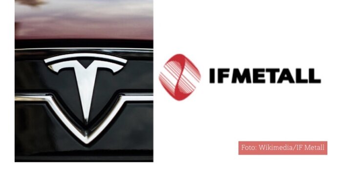 Logotyper för två olika företag, ett med ett silverfärgat T-emblem på en bil och det andra med texten "IF METALL" bredvid en röd grafisk symbol.