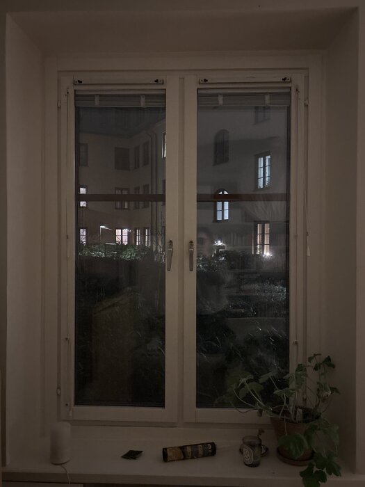 Fönster med utsikt över en innergård på kvällen, ljus från byggnader syns genom glaset. På fönsterbrädan står en krukväxt och några små föremål.