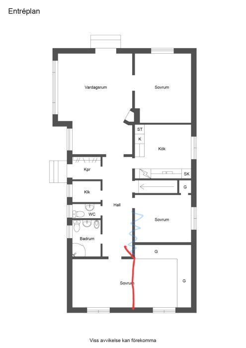 Plantegning af entréplan med blå markering for mulig bærende væg og rød streg for ønsket dørplacering i stort soveværelse.