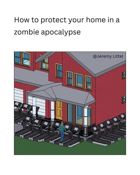 Illustration av ett hus omgivet av löpband som skydd mot zombier, med en text om hur man skyddar sitt hem under en zombieapokalyps.