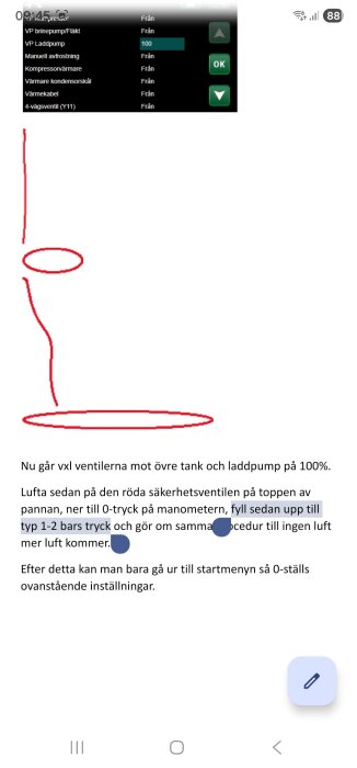 Skärmbild av inställningar för värmepump, med röda markeringar och instruktioner om att fylla upp trycket till 1-2 bar.