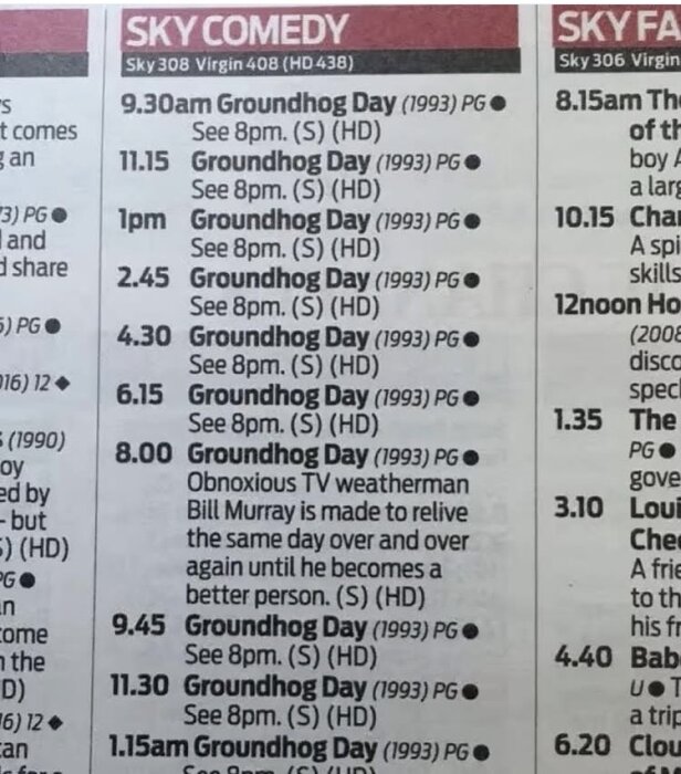 TV-tablå från Sky Comedy som visar "Groundhog Day" flera gånger under en dag, inklusive en beskrivning av filmens handling.