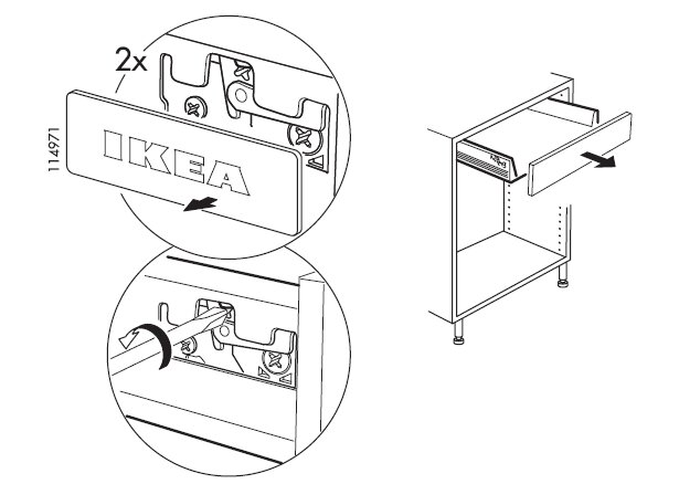 Illustration av montering av en IKEA-låda, visar steg för att fästa frontpanelen och justera skruvarna på en möbelstomme.