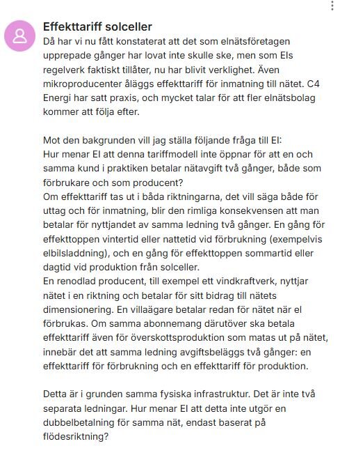 Text på en diskussionsplattform om effekttariff för solceller med frågor kring dubbelbetalning för nätavgift och flödesriktning inskickade till El.