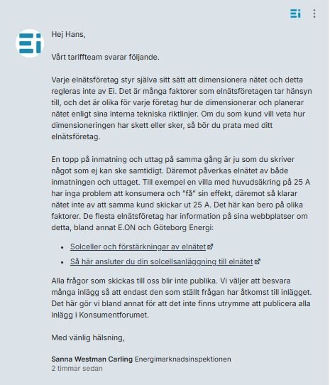 Skärmbild av mejl från Energimarknadsinspektionen om elnätsdimensionering, elbolag och kundfrågor, med länk till solcellsinformation.