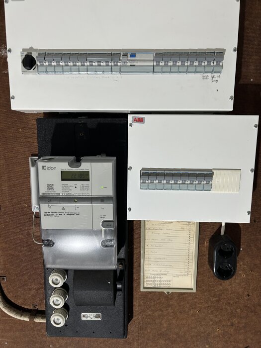 Elcentral med automatsäkringar, en elektronisk elmätare och en lista med märkningar; nedersta 16A-säkringen har löst ut.