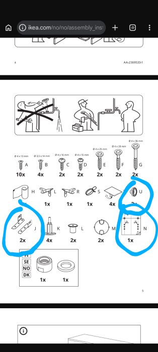 Instruktionsblad från IKEA, visar montageanvisningar med komponenter som skruvar, beslag och mjukt rör för montering av sanitetsartikel.