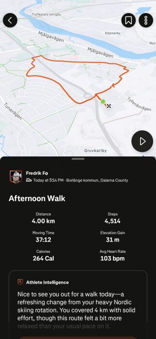 Karta över promenadrunda i Borlänge, 4 km lång, 4514 steg, 264 kalorier förbrända, 31 m höjdskillnad, snittpuls 103 bpm, tid 37:12 minuter.