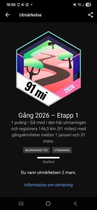 Illustration av en utmärkelse i form av en väg genom ett landskap, märkt med "91 mi" och "2026", för en gångutmaning.