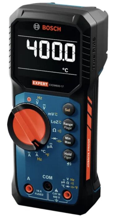 Bosch EXDM600-17 multimeter visar 400,0 °C på displayen, med flera knappar och en roterande inställningsknapp i rött.