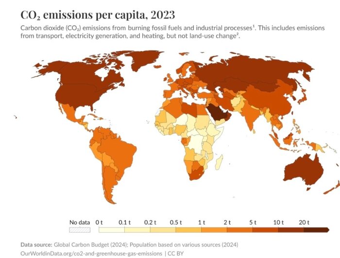 Världskarta som visar koldioxidutsläpp per capita 2023, med färgskalor från ljusgul till mörkbrun beroende på utsläppsnivåer i olika länder.
