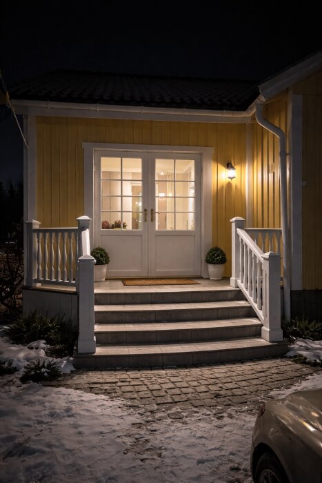 Gul träfasad med vita dubbeldörrar och trappor vid entré. Ljuset syns inifrån, omgivet av snö och stenlagd gång.