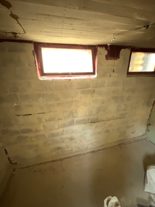 Sandiga källarväggar under renovering med fönster ovanför. Fråga om att avlägsna sand och använda primer innan putsning och målning med diffusionsöppen färg.