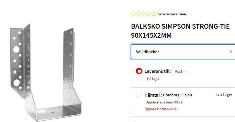 Bild av en Balksko Simpson Strong-Tie 90x145x2 mm, visas som alternativ för att fästa en bärlina i en balkongstolpe.