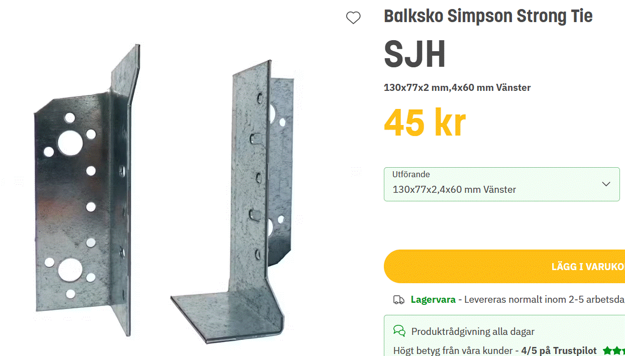 Bild av två vinkeljärn "Balksko Simpson Strong Tie SJH" i metall med hål för montering, pris 45 kr.