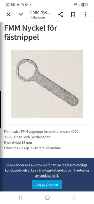 Nyckel för fastnippel, FMM, för etgrepps keramikblandare, nyckelvidd 39 mm, nödvändig vid reparation av keramisk blandare.