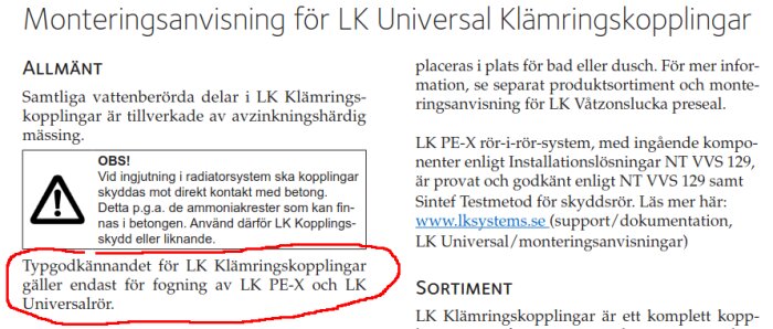 Monteringsanvisning för LK Universal klämringskopplingar med typgodkännande för fogning av LK PE-X och LK Universalrör, inklusive varningstext.