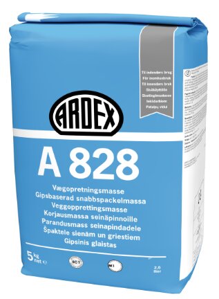 Förpackning av Ardex A 828 väggspackel, 5 kg, för inomhusbruk.
