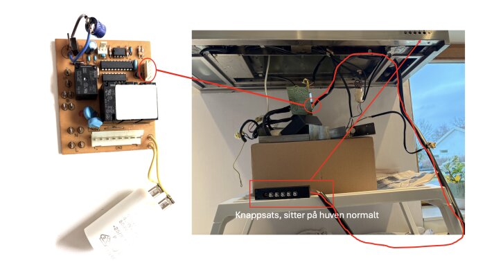 Bild av kretskort och huvmotor med inkopplade kablar, med knappdisplay markerad i röd ruta. Text på bilden: 'Knappsats, sitter på huven normalt'.