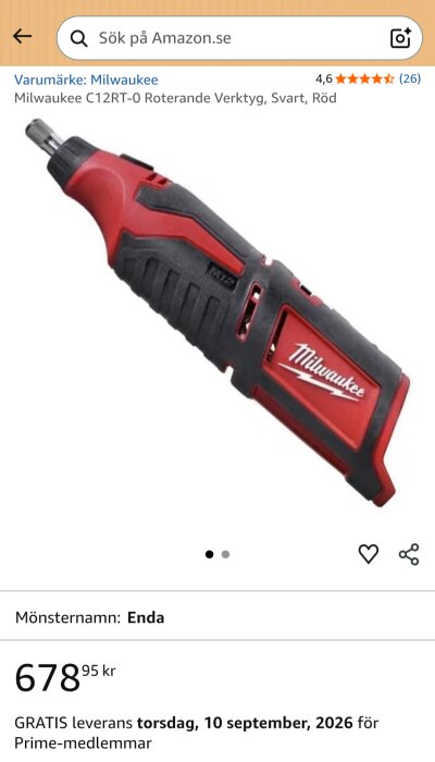 Milwaukee M12 roterande multiverktyg med svart och röd design, visas med märkeslogo och produktdetaljer på en webbsida.