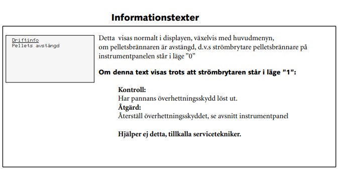 Informationstext för panel om pelletspanna med råd om kontroll och åtgärder vid strömavbrott, inklusive att återställa överhettningsskyddet.