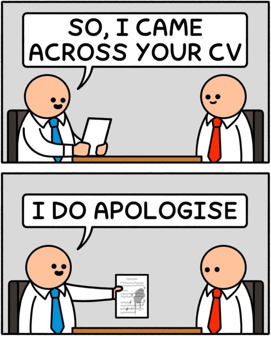 Två personer i ett möte, en håller i ett CV och säger "So, I came across your CV" och "I do apologise" medan han visar ett fläckigt papper.