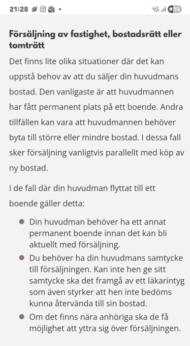 Textavsnitt om försäljning av fastighet, bostadsrätt eller tomträtt med punkter om huvudmannens boende och samtycke vid försäljning.