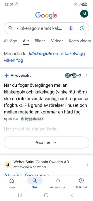 Sökmotorresultat för "klinkergolv emot kakelvägg vilken fog" på Google, med rekommendation att undvika hårdfog pga rörelser.