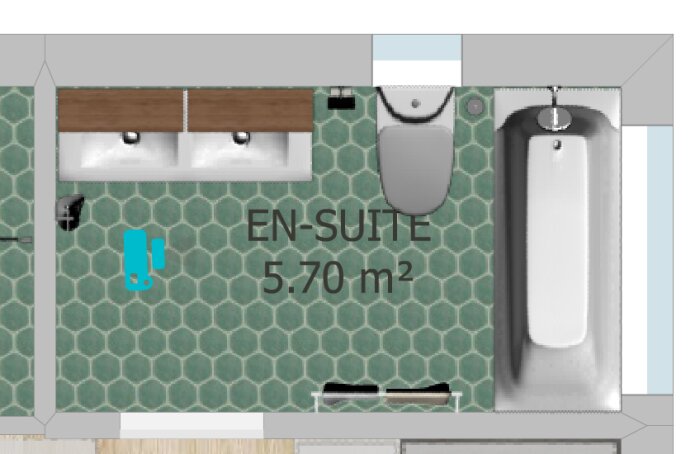 Planritning av ett badrum på 5,70 m² med dubbla handfat, toalett och badkar vid fönster. Golvet har hexagonalt kakel.